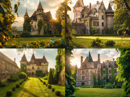 绿色草坪，高大的城堡，中古世纪风格，尖顶，绿植，充满阳光，柔焦，对称构图，自然光，浪漫氛围，广角镜头，高分辨率，暖色调，柔和光线，宁静，宏伟，历史感。