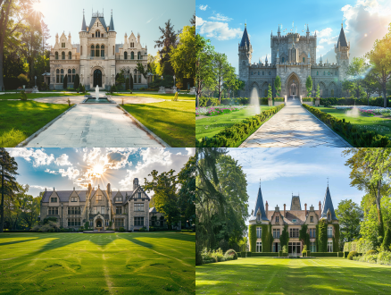 绿色草坪，高大的城堡，现代风格，尖顶，充满阳光，柔焦，对称构图，自然光，浪漫氛围，高分辨率，宁静，广场，喷泉，广角镜头，高饱和度，正面光，细节丰富，平静，对称，清新。