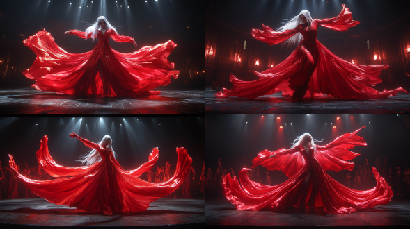 蛾翼兰花精灵女，角状发饰，红色剪影，东方主义，即兴姿态，网络摄影，natalia drepina风格，爱核，karol bak与eve venvue及bastien deharme的摇滚经典风格，优雅细腻，饱和色彩，高对比，幻想美丽，黑色背景，8k高清，octane渲染，3:2宽高比，版本5.1，原始风格，750细节。