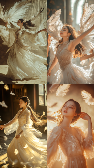 中国女性跳舞背影，远景构图，艺术感，羽毛元素装饰，暖色调，柔和光线，长焦镜头，低对比度，优雅动作，梦幻氛围。