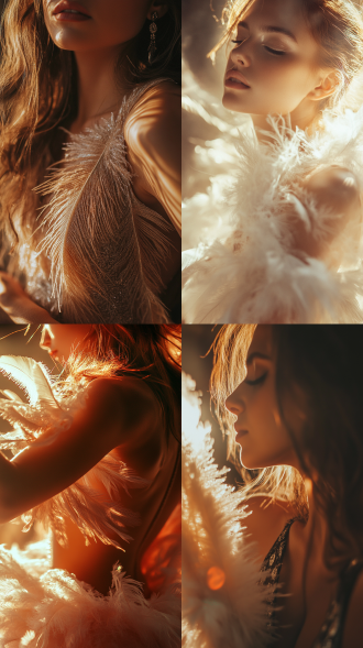 女性跳舞蹈，手臂特写，艺术感，羽毛元素，暖色调，柔和光，近景镜头，逆光，优雅，轻盈。