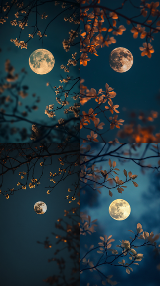 金色线条风格，圆月高悬，桂花树枝，宁静夜空，极简主义，低角度，对称构图，冷色调，长焦镜头，柔和光线，静谧，神秘。