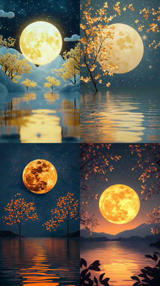 纸艺3d风格，平静湖面，巨大金黄色圆月，星光点点，桂花树，艺术感，对称构图，柔和光线，长曝光，广角镜头，夜晚，冷暖色调对比，宁静，神秘。