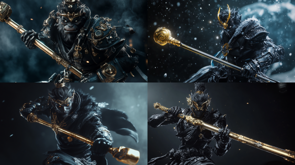 孙悟空，黑色画风，手持金箍棒，合金机甲，暗色调，金属质感，未来感，广角镜头，侧光，动态姿势，力量感，冷色调，战斗氛围。