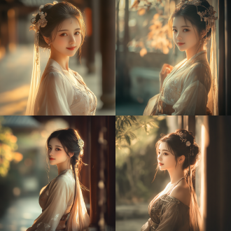 中国传统美女，半身像，柔和光线，古典庭院，长裙，温柔眼神，微笑，细腻肌肤，暖色调，柔焦，优雅气质，传统发饰，深情，宁静。