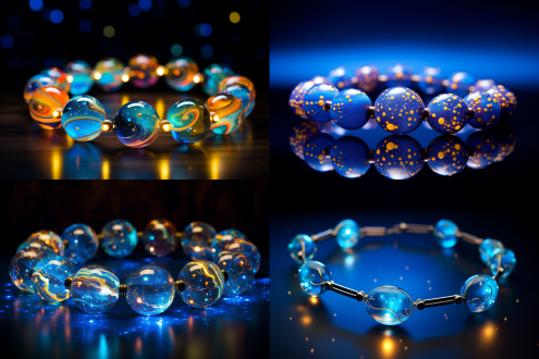 彩色曲线圆点，串珠项链浮海上，中国风，泛光天空繁星如梦，受victo ngai、梵高启发，超高清，蓝光光影，超广角侧逆光。