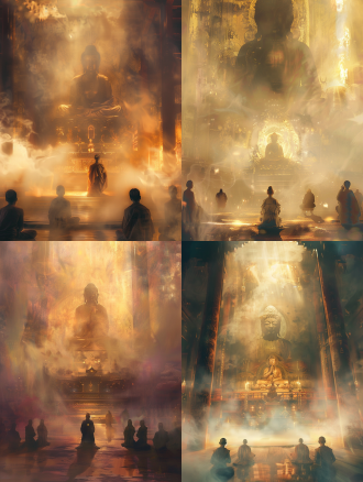 多人背影双手合十跪拜礼佛，远景大佛，烟雾绕莲花座，对角线构图，长焦柔焦，暖光，明亮色调，梦幻抽象，宏伟氛围。 京剧 全景长卷轴 禅宗