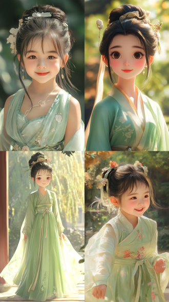 穿着淡绿色纱裙的唐代中国小女孩，夏日服饰，微笑面容，生动角色设计，国画风格，可爱、端庄魅力，古典风格，表情包，愤怒、哭泣、惊讶，8k，对角线布局，高对比度，花园内，暖色调，中焦镜头，侧光，静态，可爱。