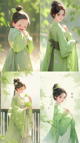 穿着淡绿色纱裙的唐代中国小女孩，夏日服饰，微笑面容，生动角色设计，国画风格，可爱、端庄魅力，古典风格，表情包，愤怒、哭泣、惊讶，8k，对角线布局，高对比度，花园内，暖色调，中焦镜头，侧光，静态，可爱。