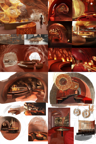 award-winning professional design_mindstorm moodboards of an immersive wood-fire restaurant themed around primitive community cooking. from the interior axonometric diagrams to cutaway sketches. from interior concept strategy to modeling technique research to material selection. from fashionable lifestyle to close-ups of material details, to furnishings and artworks. the journey starts at the entrance with a twisted arch reminiscent of a cave-like ambiance. inside, guests are enveloped by an endless path paved with wood, surrounded by terracotta plaster walls, fiery red mesh installations, and earthy red travertine tones, all embodying warmth and fire, leading to the restaurant's core. the cave-like interior, inspired by ancient underground cooking pits, features earthy terracotta hues. two main features: a circular bar made of red travertine and a plush banquet sofa area with a fiery golden metal mesh sculpture, abstractly interpret the elements of heat and fire. the private dining rooms draw inspiration from the organic contours of caves, with layers upon layers, featuring floating fire mesh sculptures above striking red travertine tables, transporting diners to a cocoon-like sanctuary.