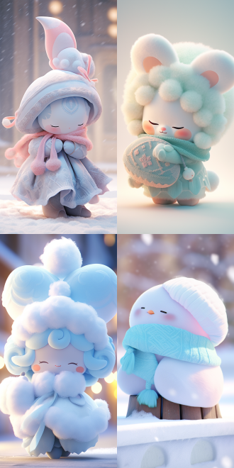 毛绒小风车ip形象，羊毛质感，冰雪背景占比大，超现实风格，c4d渲染，柔和光线，可爱慵懒表情，放松姿态，明亮温馨，细节丰富。