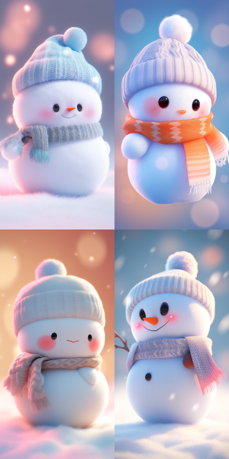 毛绒小雪人ip形象，冰雪背景占比大，羊毛质感，可爱慵懒表情放松姿态，超现实，c4d渲染，柔和光线，明亮色彩，温馨。