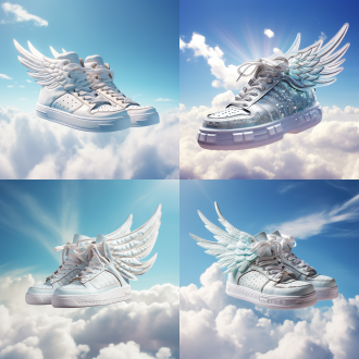 女鞋长翅膀在天空飞翔，白云为背景，透明翅膀，飞翔姿态，高分辨率，鸟瞰视角，逆光，蓝天，灵动，奇幻。