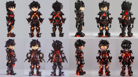 生成三个不同角度视图，第一个是前视图，((第二个是侧视图))，第三个是后视图，3d风格，角色设计，短发动漫男生的形象，大眼睛，金瞳孔，黑色红色，铠甲表面流动熔岩纹理，胸甲中间镶嵌x形状黑色晶体核心，q版形象，((白色背景))，8k纹理细节，c4d