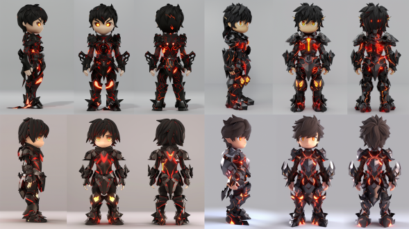 生成三个不同角度视图，第一个是前视图，((第二个是侧视图))，第三个是后视图，3d风格，角色设计，短发动漫男生的形象，大眼睛，金瞳孔，黑色红色，铠甲表面流动熔岩纹理，胸甲中间镶嵌x形状黑色晶体核心，q版形象，((白色背景))，8k纹理细节，c4d