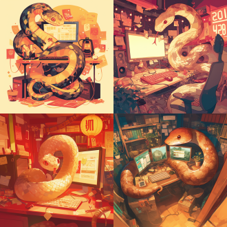 蛇身盘绕，蛇在电脑前报表，尾巴操作计算器，新年元素，可爱形象，暖色调，标准镜头，正面光，静止，喜庆欢乐