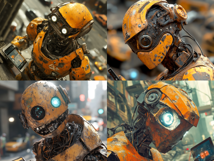 生锈半破机器人，筑路工人，矿工头盔，下水道工人，手持设备，纽约街道，繁忙道路，日光，体积照明，超逼真，复杂细节，电线电路，凹陷环境，生锈美丽，广角镜头，高分辨率，自然光，动态模糊，工业风格，金属质感，橙黄色调，劳动场景。