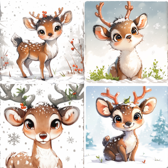 可爱梅花鹿，雪花背景，雪地，中心构图，柔和光线，冬季风景，长焦镜头，自然光，静态，纯洁，白色，温暖。