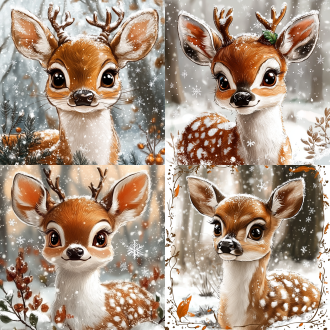 可爱梅花鹿，雪花背景，雪地，中心构图，柔和光线，冬季森林，长焦镜头，浅景深，静态，温暖色调，宁静。