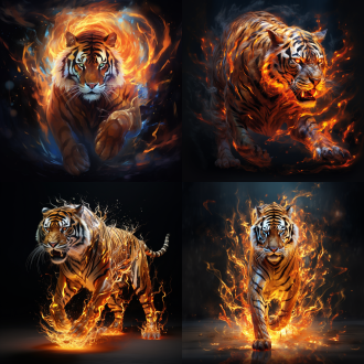 a full body shot of an ethereal tiger composed entirely of flowing fire, each part of its body formed by flickering flames that dance and swirl as it walks slowly toward the camera. its form shifts with vibrant, intense shades of orange, red, and hints of blue at the hottest points, creating a mesmerizing, liquid-like effect. trails of embers and sparks flow off its fiery body, and the background is pitch black, making the fire's glow the focal point. shot with a sony a7s iii, 85mm lens, high contrast with dynamic, fluid vfx emphasizing the fire's movement