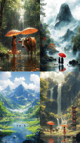 清明海报竖版构图，儿童放牛于春雨绿草湖溪间，中式简洁画风，侧逆光，户外宁静，明亮绿调，柔和氛围。