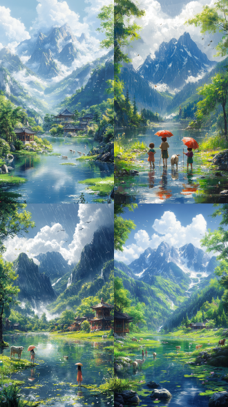 清明海报竖版构图，儿童放牛于春雨绿草湖溪间，中式简洁画风，侧逆光，户外宁静，明亮绿调，柔和氛围。