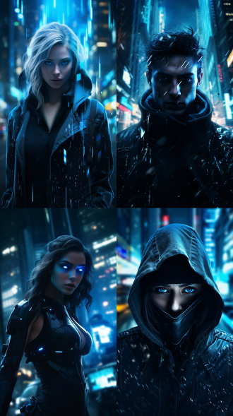 黑色奥特曼，蓝色眼睛，广角镜头，高清8k，科幻风格，城市夜景，冷色调，强烈对比，动态姿势，未来感，神秘氛围。