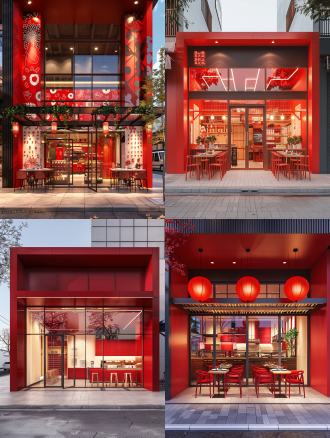 餐饮门面设计，红色风格，正视图，oc渲染，远景镜头，8k，对称构图，鲜艳色彩，商业街，高清细节，自然光，吸引目光，热情，活力。