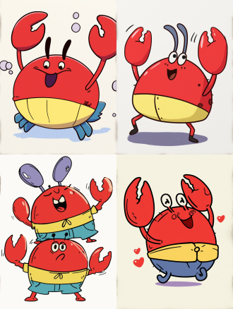 卡通螃蟹标志设计，蟹老板，大侠披风，标志设计，ip设计，极简风格，behance风格，dribbble风格，简单的线条，不同的姿势和表情，多种动作，矢量绘画，可爱的卡通插图，贴纸艺术，白色背景，8k分辨率，f/64，最佳质量，高清，比例对比，简单线条，线条明显