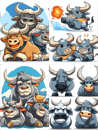 卡通牦牛，标志设计，西藏服饰，微笑开心的表情，ip设计，极简风格，behance风格，dribbble风格，简单的线条，不同的姿势和表情，多种动作，矢量绘画，可爱的卡通插图，贴纸艺术，白色背景，8k分辨率，最佳质量，高清，比例对比，简单线条，线条明显