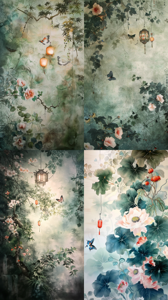 墙上有画着花和蝴蝶的画，茂盛植物与灯笼，中国水彩风格，淡绿白色调，新艺术植物，暖光，细致笔触，宁静。