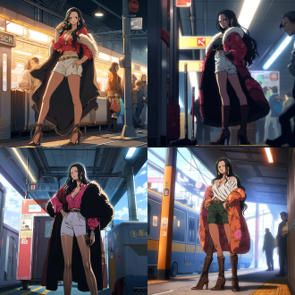 海贼王女帝波雅·汉库克站在地铁站，穿开衫、牛仔短裤，拿公文包，长靴高跟鞋，上半身照，三分构图，8k，暖光，精致，优雅。