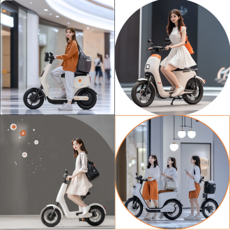 圆形图标logo，vogue时尚青少年，雅迪电动车，万达广场，手持互联网代购包，三分构图，现代风格，中长焦镜头，顶光，动态，彩色，青春活力， 等距视角， 光追反射 ，调色板 当代建筑