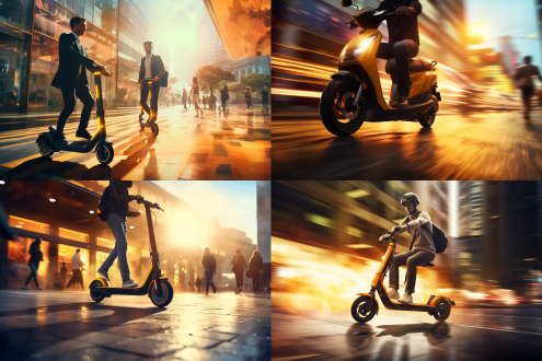 互联网代购骑雅迪电动车在万达广场，三分法构图，城市街道环境，全景镜头，顶光，骑行，忙碌，暖黄色调，活力。 调色板 微距 头部特写 丁达尔效应
