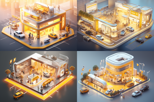 互联网代购推雅迪电动车在万达广场，三分法构图，现代都市风，全景镜头，顶光，暖黄调，忙碌，专注。 城市 等距视角 光追反射 调色板 vogue时尚