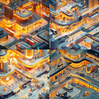 互联网代购推雅迪电动车在万达广场，三分法构图，现代都市风，全景镜头，顶光，暖黄调，忙碌，专注。 城市 等距视角 光追反射 调色板 vogue时尚