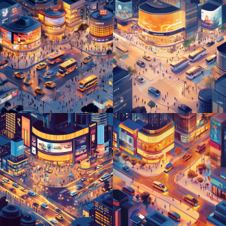 互联网代购推雅迪电动车在万达广场，三分法构图，现代都市风，全景镜头，顶光，暖黄调，忙碌，专注。 城市 等距视角 光追反射 调色板 vogue时尚