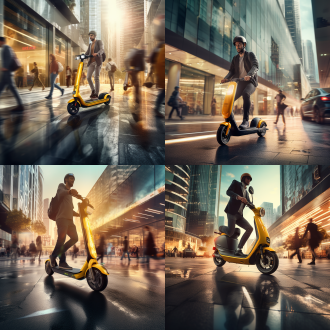 互联网代购骑雅迪电动车在万达广场，三分法构图，城市街道环境，全景镜头，顶光，骑行，忙碌，暖黄色调，活力。 调色板 微距 头部特写 丁达尔效应