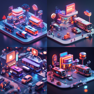 james gilleard风格作品，公汽与汽车在社区，3d渲染，受tadashi nakayama启发，明亮色调，artstation热门，类似《时尚芭莎》，ai奇点氛围。