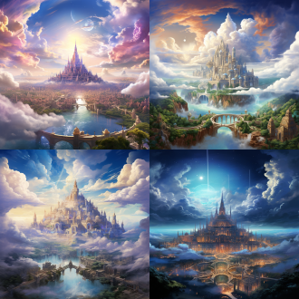 天上的圣城，整体画面色彩明快，氛围很圣洁，远处有云彩，