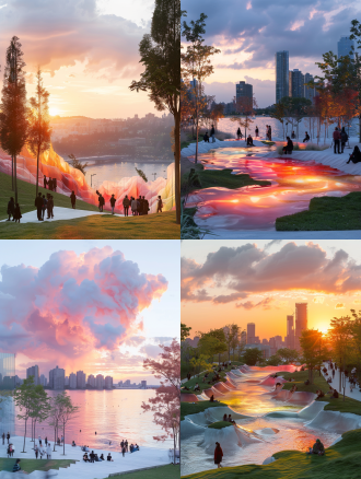 水岸公园，悠闲人群草坡，云朵半雕塑，蜿蜒河流，点缀树木，城市天际线，黄昏时分，绚烂夕阳，长曝光，低角度，广角镜头，自然光，宁静和谐，暖色调，