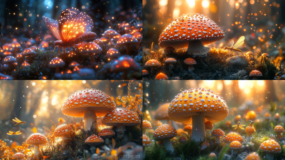 梦幻森林，有翅膀的小人，五彩蘑菇，飞天螳螂， 8k背景，超强led，动物特写，高清壁纸