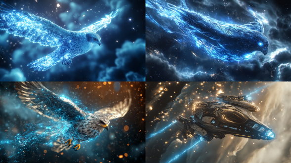 a falcon intertwined with blue lightning and flames, with clever eyes, sprinting posture, and a technological diversity scene,volumetric lighting, three-point perspective, dreamy clouds, space station::2 , octane render, detail shot( ecu), fine details, maya, 4k resolution, cgsociety