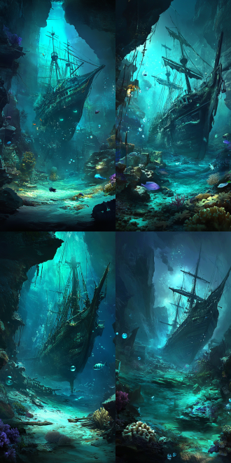 海底世界，近景珊瑚茂盛，中景沉船宏伟，鱼群穿梭，气泡飘浮，广角镜头，水下光线，色彩丰富，动态捕捉，神秘氛围。