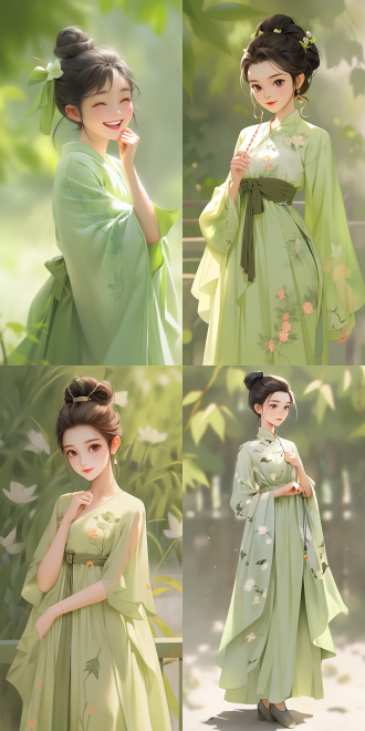 a young tang dynasty chinese girl wearing a light green chiffon dress, summer attire, with a smiling expression, vivid character design, in traditional chinese painting style, cute and dignified charm, classical style, emojis, angry, crying, surprised, 8k resolution, diagonal composition, high contrast, in a garden, warm tones, medium focal length, side lighting, static, cute.,,in clothes