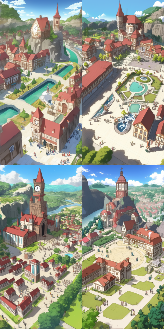 45度视角，地图，底图有植物，山石，河流，单体欧式建筑，欧式学院风格建筑，45度建筑。