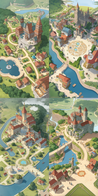 45度视角，地图，底图有植物，山石，河流，右上角有个欧式建筑，欧式学院风格建筑，整体底图建筑比较少，45度建筑。