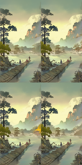 唐朝古风江河景，一点透视，近景木质小码头，中间有江河跟木船，远景山脉有人钓鱼，黄昏暖色调，中景近景，平光，宁静。