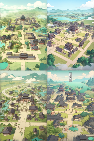 唐朝时代，45度视角，大场景，有一个中心街道，街道两旁有很多民宅，街道的尽头有摇栋华丽的古建筑 鸟瞰 航拍视角 鸟瞰 航拍视角