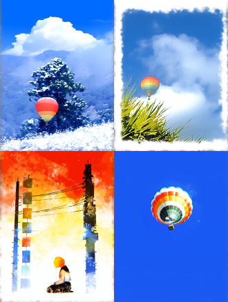 热气球升空周围有降落伞下落，中心构图，天空中，高饱和度色彩，长焦镜头，顶光，漂浮，多彩，轻松。 天空